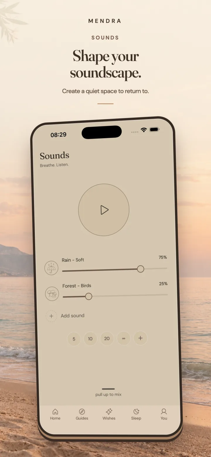 Sounds: adjustable rain and forest layers with a sleep timer